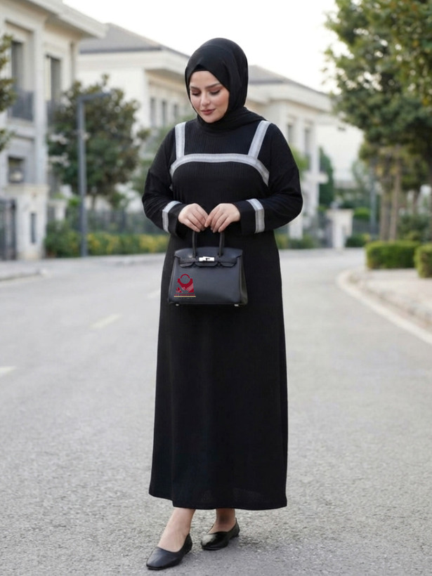 کفتان مشکی کریشه پیراهن بلند و راحت نوار نقره ای کد p ۶